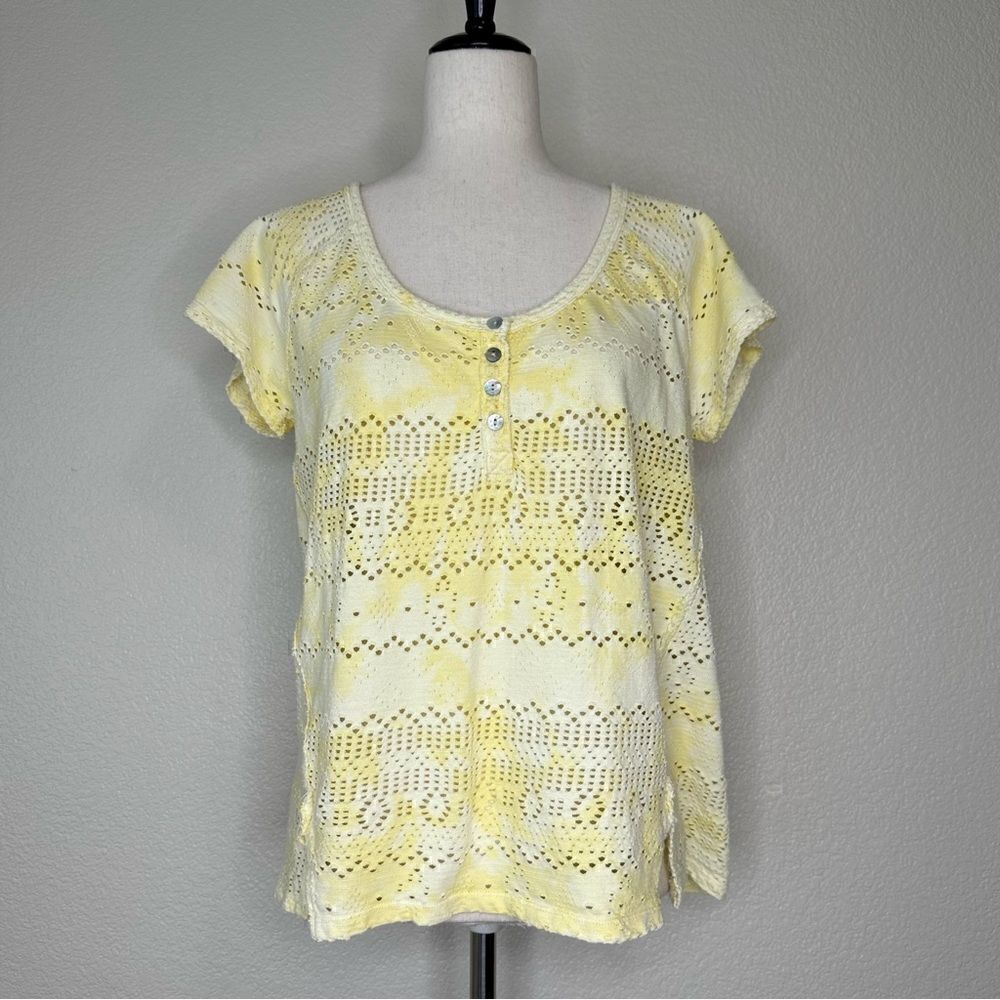 Free People Yellow Tie Dye Burnout Distressed Sunshine Short Sleeves Top